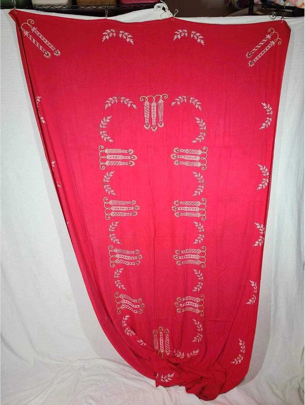 Vintage 1950s Holiday Tablecloth Rhinestone Candles 60x92